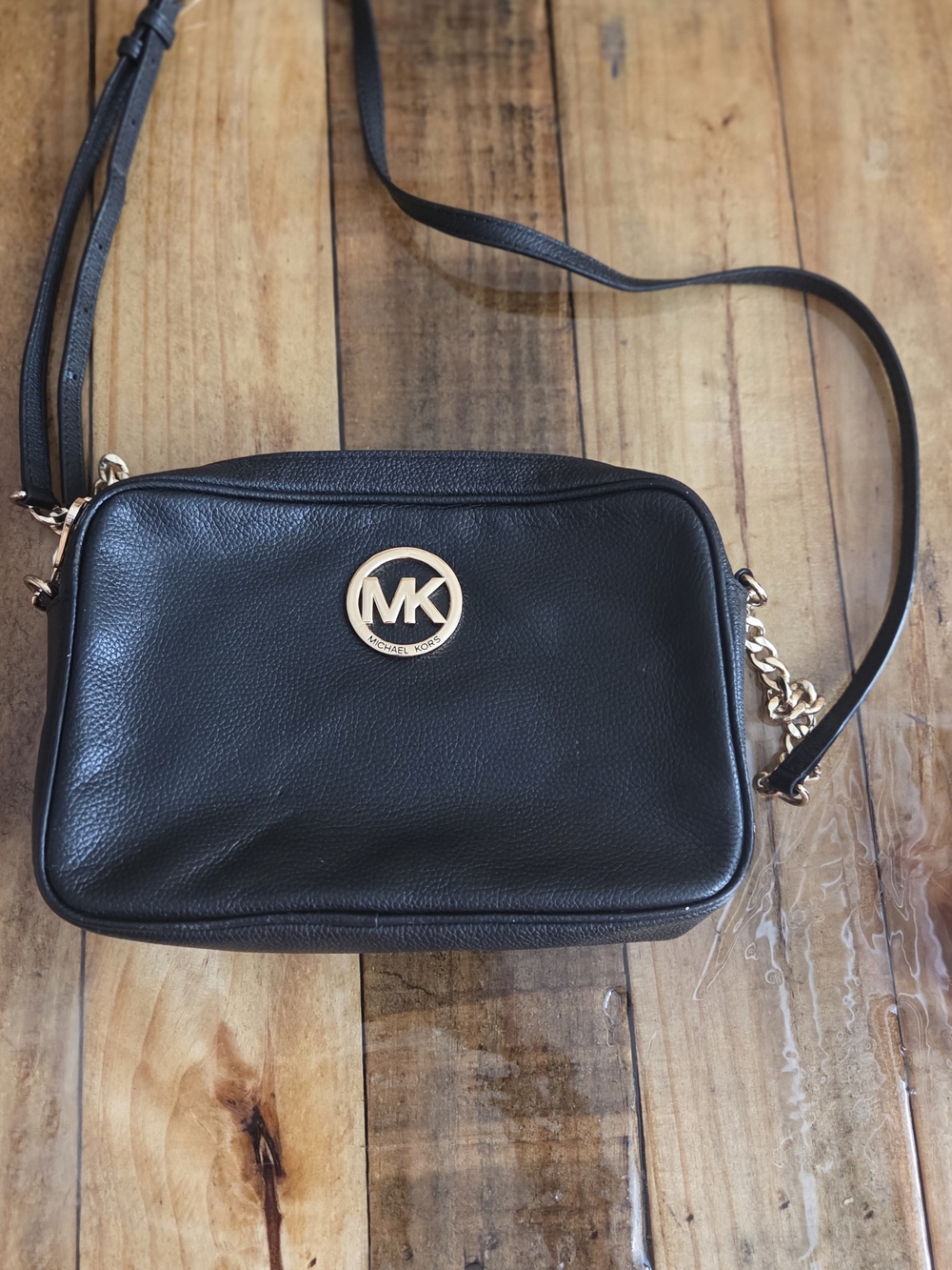 Michael Kors Black Leather Crossbody Bag with Gold Logo